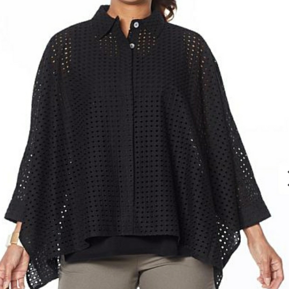 Wynne layers Black Eyelet Boxy Dolman Shirt Sheer unconstructed button Shirt M